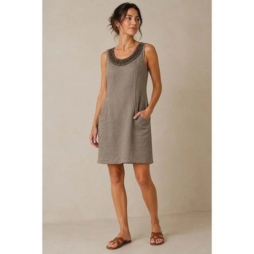 Lina Tomei Italian Linen Dress M/L Gray Taupe Multi Beaded Neckline Lagenlook